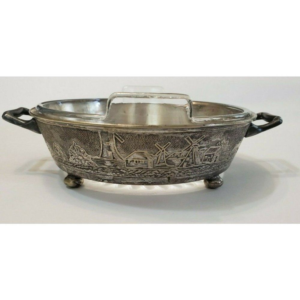 Vintage Middletown Plate Co Silverware Footed Candy/Relish Dish w Glass Insert